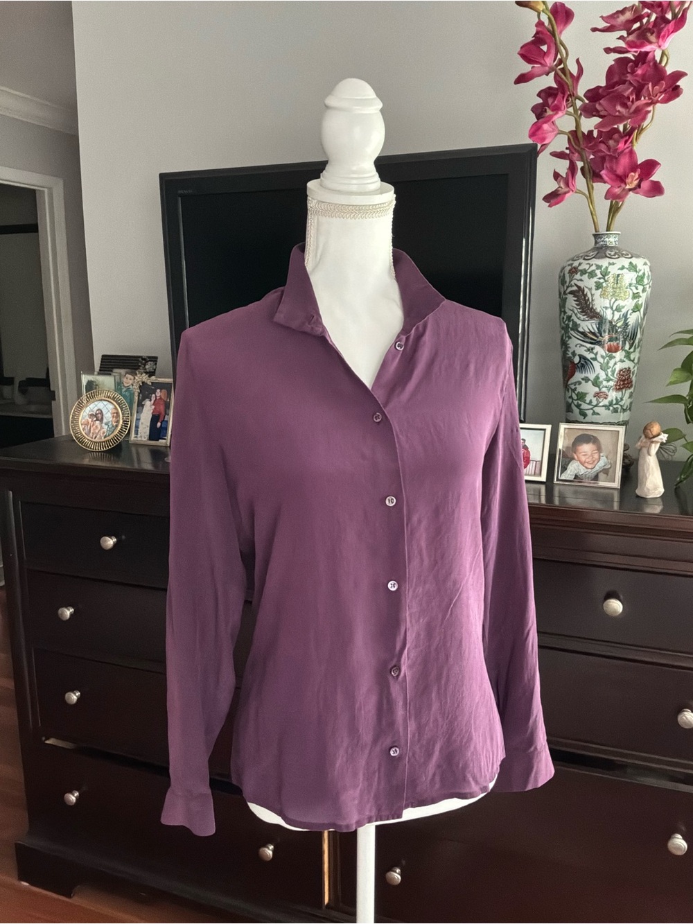 Silk Plum Button-Down Shirt with Classic Collar
